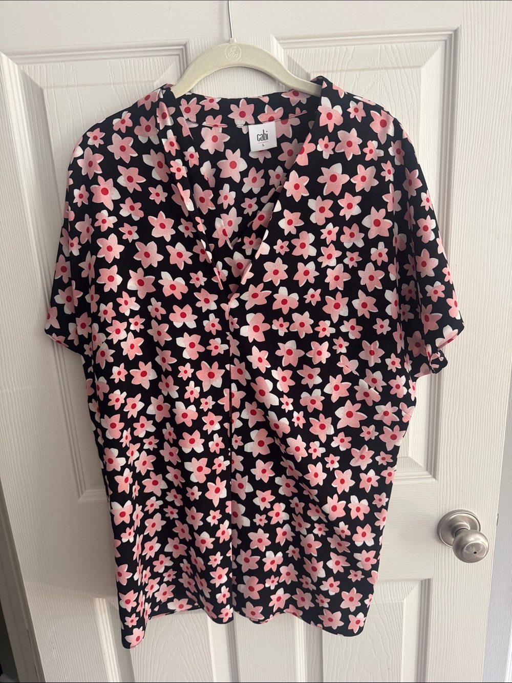 CAbi Black Top with Pink Floral Print